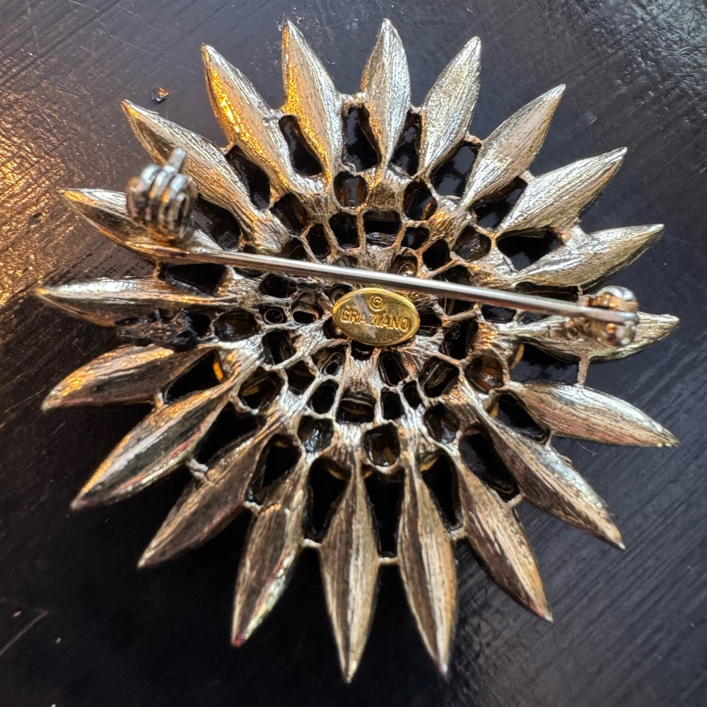 Graziano Vintage Sunflower Brooch – Fall Rhinestone Statement Pin